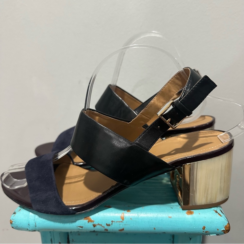 Tory Burch Gigi T Logo Black Midnight Blue Leather Sandal Size 9.5